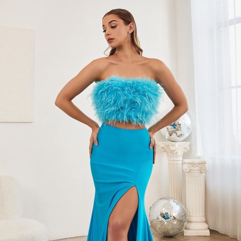 NEW LONG OFF SHOULDER EMBROIDERED FEATHERS TWO-PIECE DRESS WITH LEG C141